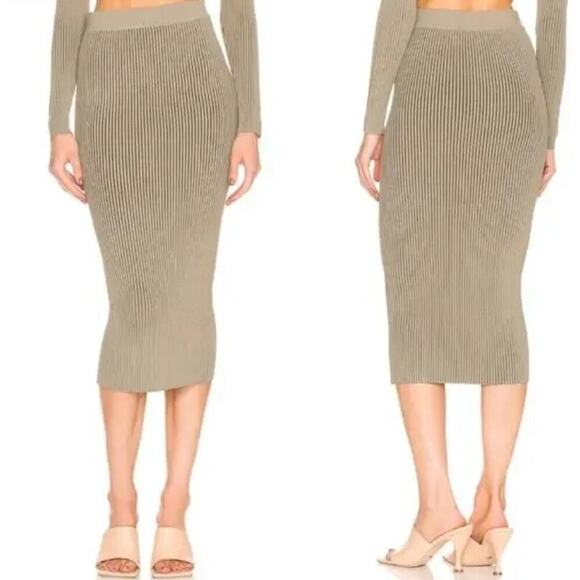 Anine Bing M Midi Skirt Julian Ribbed Knit Stretch Green Khaki Olive Straight - Picture 1 of 9